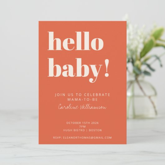 Invitation Typographie Gras Moderne Baby shower Orange Brûlé (Debout devant)