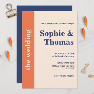 Invitation Typographie Gras Moderne Orange Bleu Marine Mariag