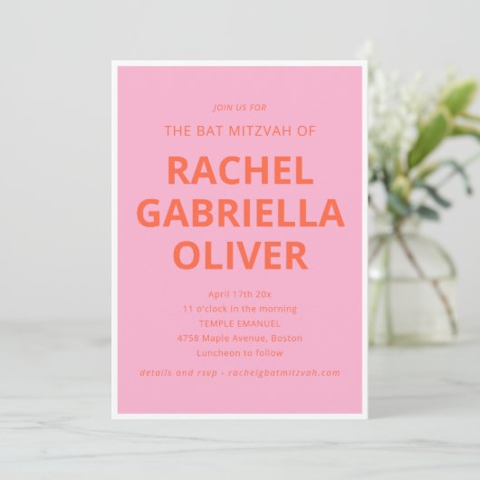 Invitation Typographie Gras Moderne Rose Orange Bat Mitzvah (Debout devant)