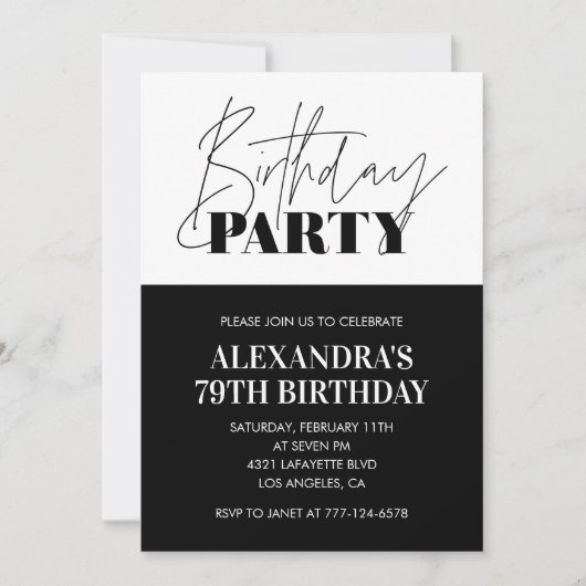 Invitation Typographie gras noir et blanc 79e anniversaire (Devant)