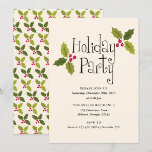 Invitation Typographie Holly Berries et fête des fêtes Feuill