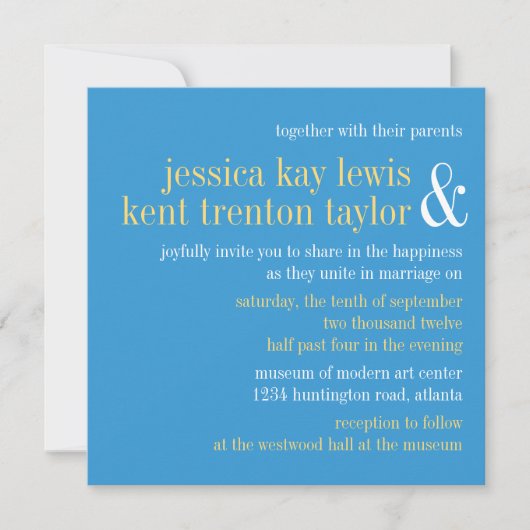 Invitation Typographie jaune ciel mariage moderne (Devant)