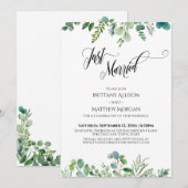 Invitation Typographie « Juste Mariés » avec feuillage d'euca (Devant / Derrière)