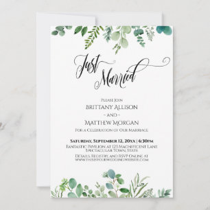 Invitation Typographie « Juste Mariés » avec feuillage d'euca