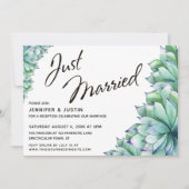 Invitation Typographie « Juste Mariés » avec succulentes aqua (Devant)