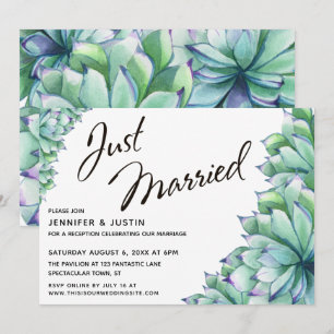 Invitation Typographie « Juste Mariés » avec succulentes aqua