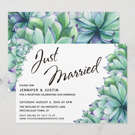 Invitation Typographie « Juste Mariés » avec succulentes aqua (Devant / Derrière)
