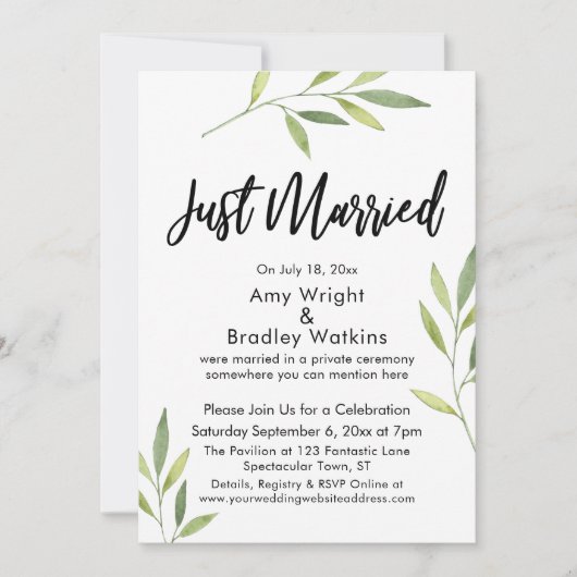 Invitation Typographie « Juste Mariés » Feuillage aquarelle v (Devant)
