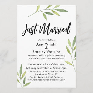 Invitation Typographie « Juste Mariés » Feuillage aquarelle v