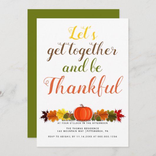 Invitation Typographie manuscrite citrouille feuilles Thanksg (Devant / Derrière)