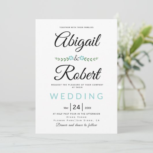 Invitation Typographie manuscrite fleurs d'aqua mariage simpl (Debout devant)