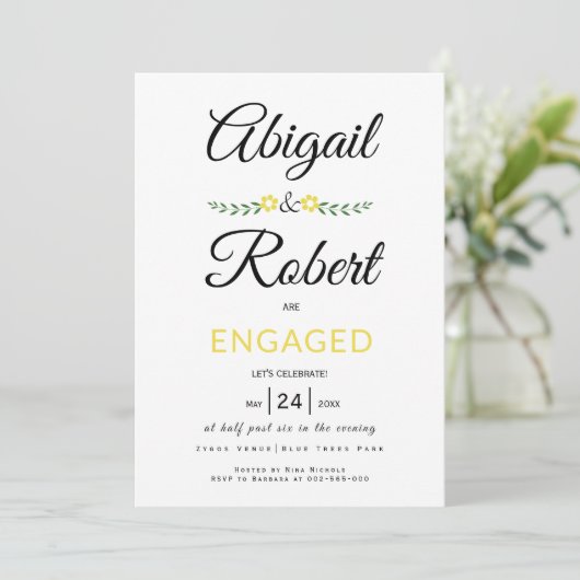 Invitation Typographie manuscrite fleurs jaunes fiançailles (Debout devant)