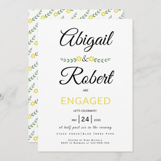 Invitation Typographie manuscrite fleurs jaunes fiançailles (Devant / Derrière)
