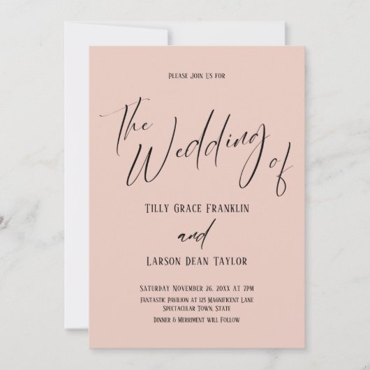 Invitation Typographie Manuscrite Simple Le Mariage de Blush (Devant)