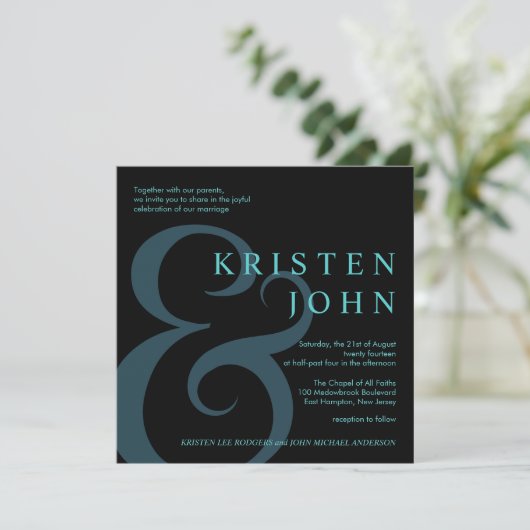 Invitation Typographie Mariage moderne Turquoise Bleu noir (Debout devant)