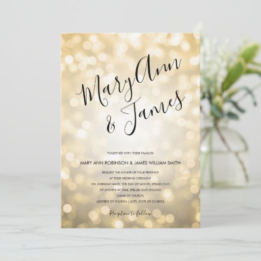 Invitation Typographie Mariage simple Champagne d'or Lumières (Debout devant)