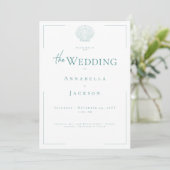 Invitation Typographie minimale Aqua & White Shell Mariage (Debout devant)
