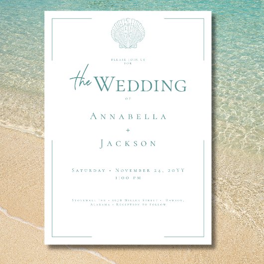 Invitation Typographie minimale Aqua & White Shell Mariage