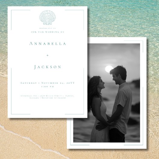Invitation Typographie minimale Aqua White Shell Photo Mariag