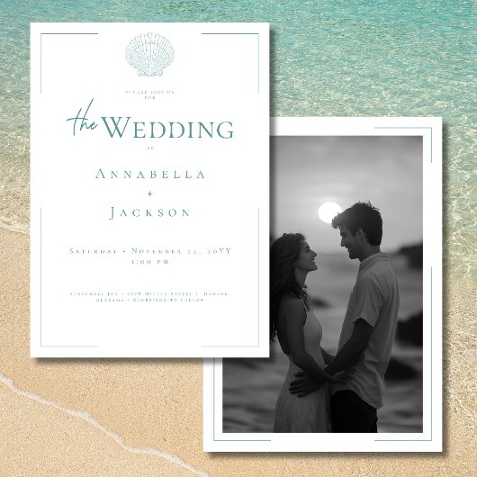 Invitation Typographie minimale Aqua White Shell Photo Mariag