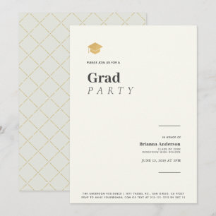 Invitation Typographie Minimaliste Beige Gold Graduation Part