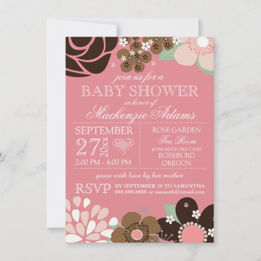 Invitation Typographie moderne Baby shower floral rose Brown (Devant)
