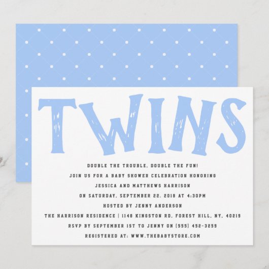 Invitation Typographie moderne Baby shower Twin Boys (Devant / Derrière)