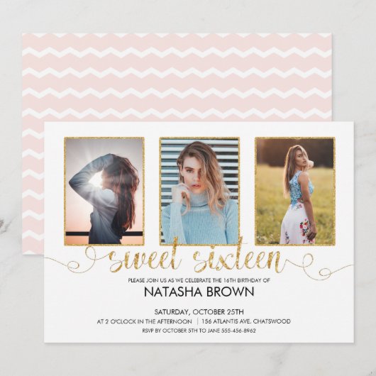 Invitation Typographie moderne chic Sweet 16 Gold Party Photo (Devant / Derrière)