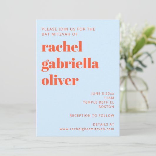 Invitation Typographie Moderne Cool Bleu Orange Bar Mitzvah (Debout devant)