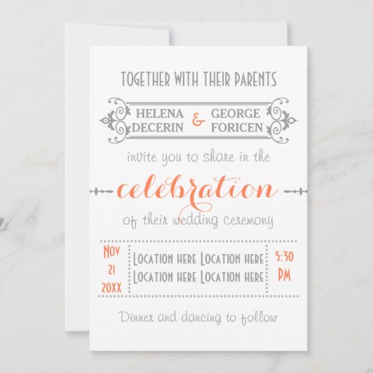 Invitation Typographie moderne corail, mariage gris (Devant)