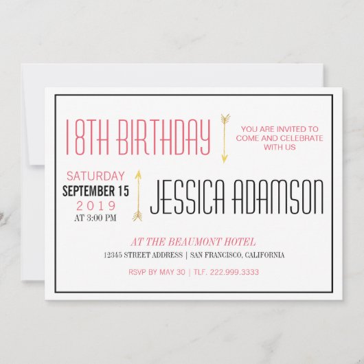 Invitation Typographie moderne de Magenta & Black| 18e annive (Devant)