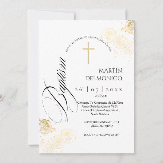 Invitation Typographie moderne de poussière dorée Croix Baptê (Devant)