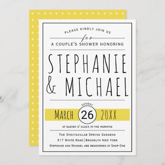 Invitation Typographie moderne douche mariage jaune (Devant / Derrière)
