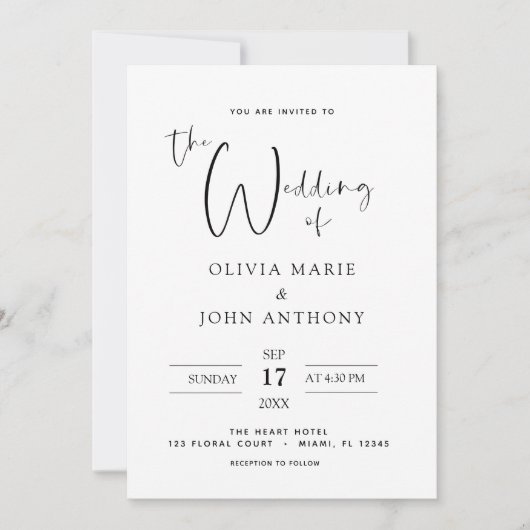 Invitation Typographie moderne du Mariage noir blanc (Devant)