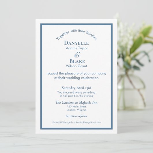 Invitation Typographie moderne Dusty Bleu Mariage blanc (Debout devant)