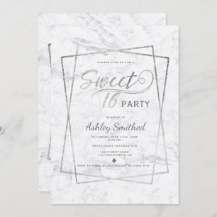Invitation Typographie moderne en argent marbre Sweet 16