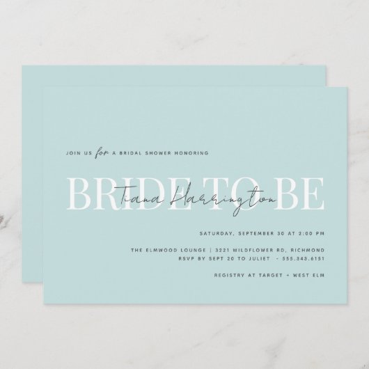 Invitation Typographie moderne | Fête des mariées bleu clair (Devant / Derrière)