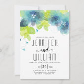 Invitation Typographie moderne fleurs bleues mariage floral (Devant)
