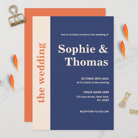 Invitation Typographie moderne Gras Marine Mariage bleu orang