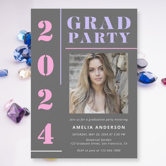 Invitation Typographie moderne Gris Photo Graduation Party