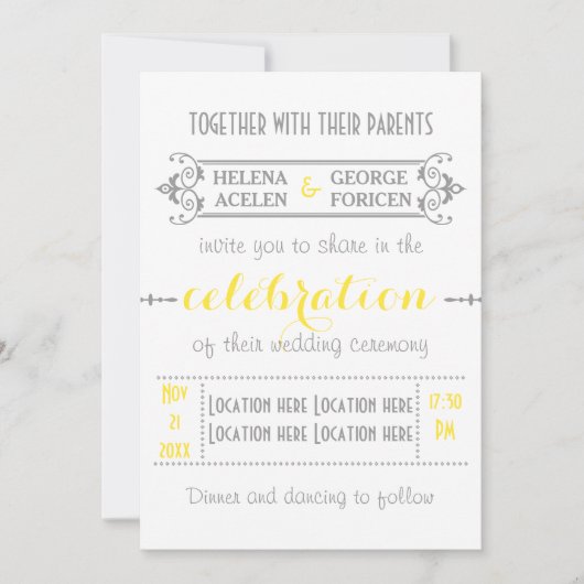 Invitation Typographie moderne jaune, gris mariage (Devant)