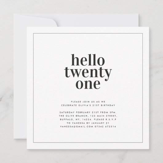 Invitation Typographie moderne noir blanc 21 anniversaire pho (Devant)