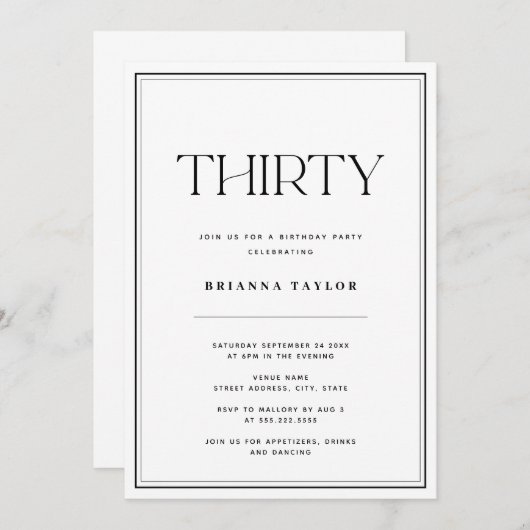 Invitation Typographie moderne noir & blanc 30e anniversaire (Devant / Derrière)