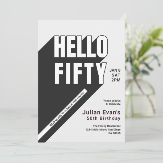 Invitation Typographie moderne noir & blanc audacieuse 50e an (Debout devant)