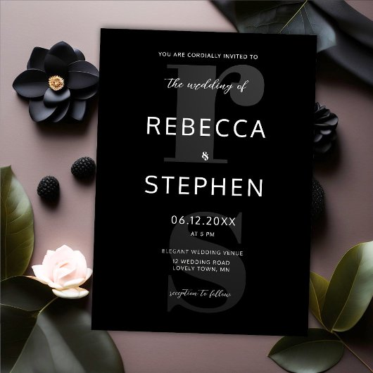 Invitation Typographie moderne noir blanc Mariage Monogrammes