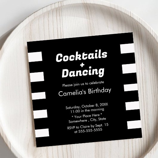 Invitation Typographie moderne noir & blanc rayures Anniversa