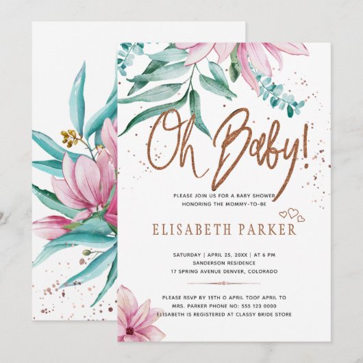 Invitation Typographie moderne oh bébé baby shower floral (Devant / Derrière)