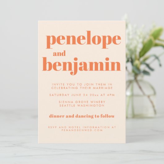 Invitation Typographie moderne Orange Retro Mariage tout en u (Debout devant)