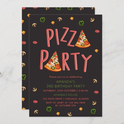 Invitation Typographie moderne Pizza Slices Anniversaire de e (Devant / Derrière)