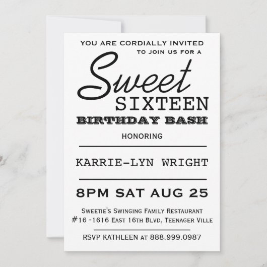 Invitation Typographie moderne Poster Style Sweet 16 Party (Devant)